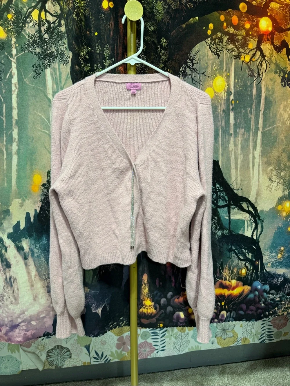 Mi Ami Size L Blush Pink Jeweled-Closure Cropped Cardigan